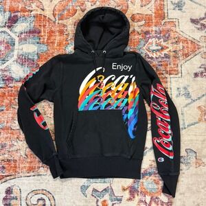 Champion Reverse Weave Coca-Cola Hoodie Mens Small Black Graphic Sweatshirt